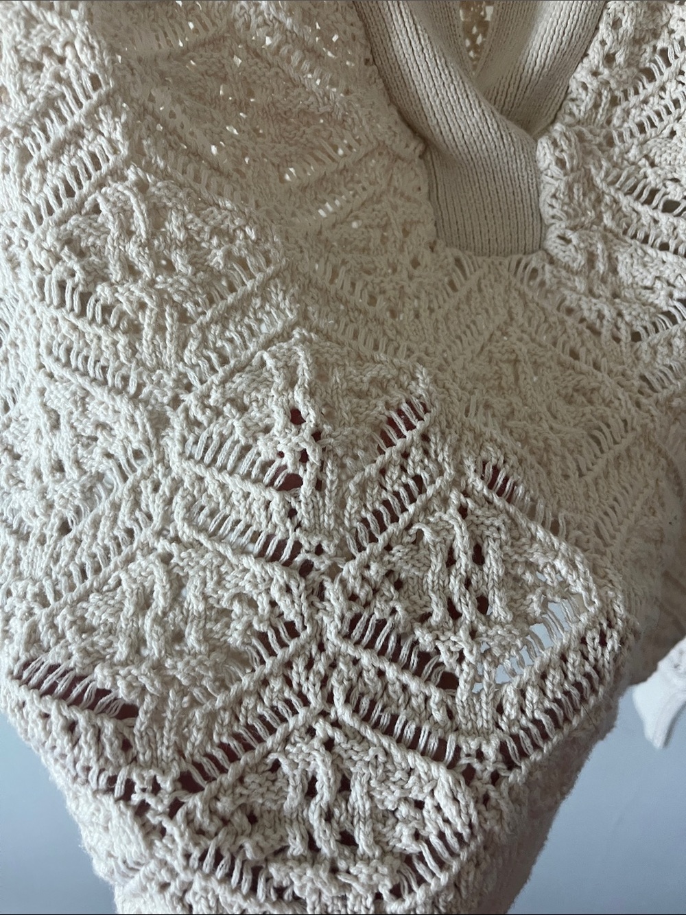 Open-Knit V-Neck Polo Sweater in Cream See-Through - Picture 6 of 8